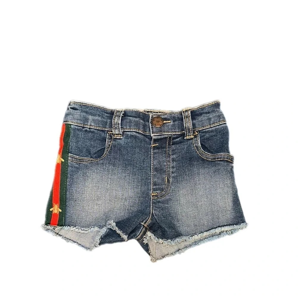 Toddler Denim Shorts W/ Green/Red Bee Side Ribbon - Picture 8 of 12